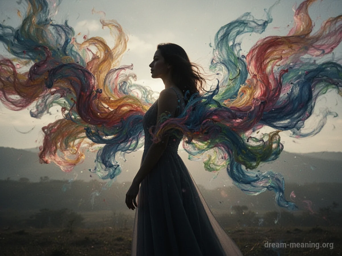 Silhouette of a mother figure with colorful abstract patterns around her head.