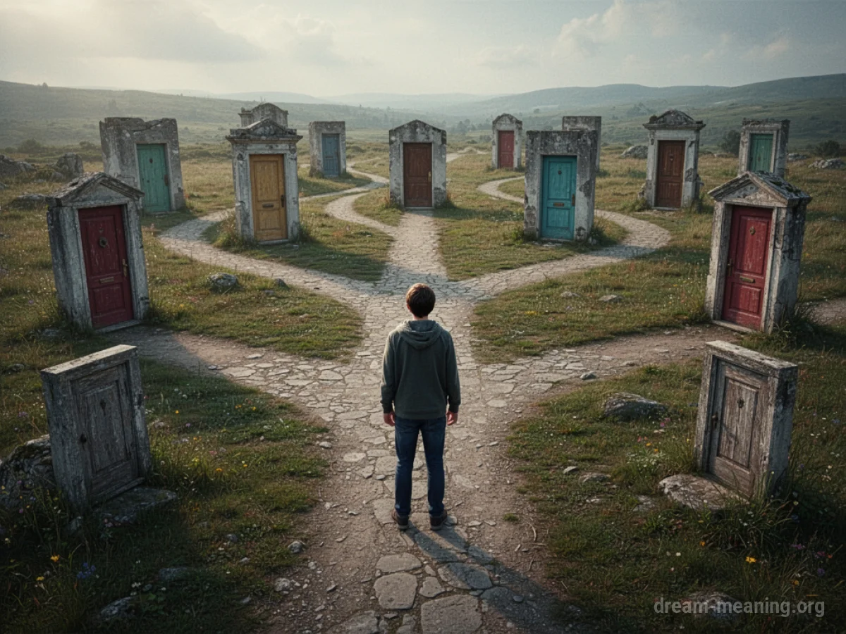 A figure stands before a wall with numerous open doorways leading into different environments.