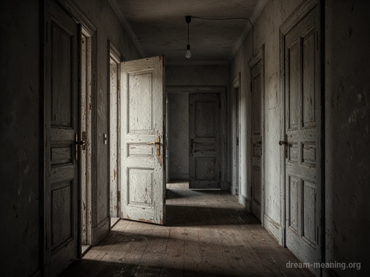 A hallway with many open and closed doors.