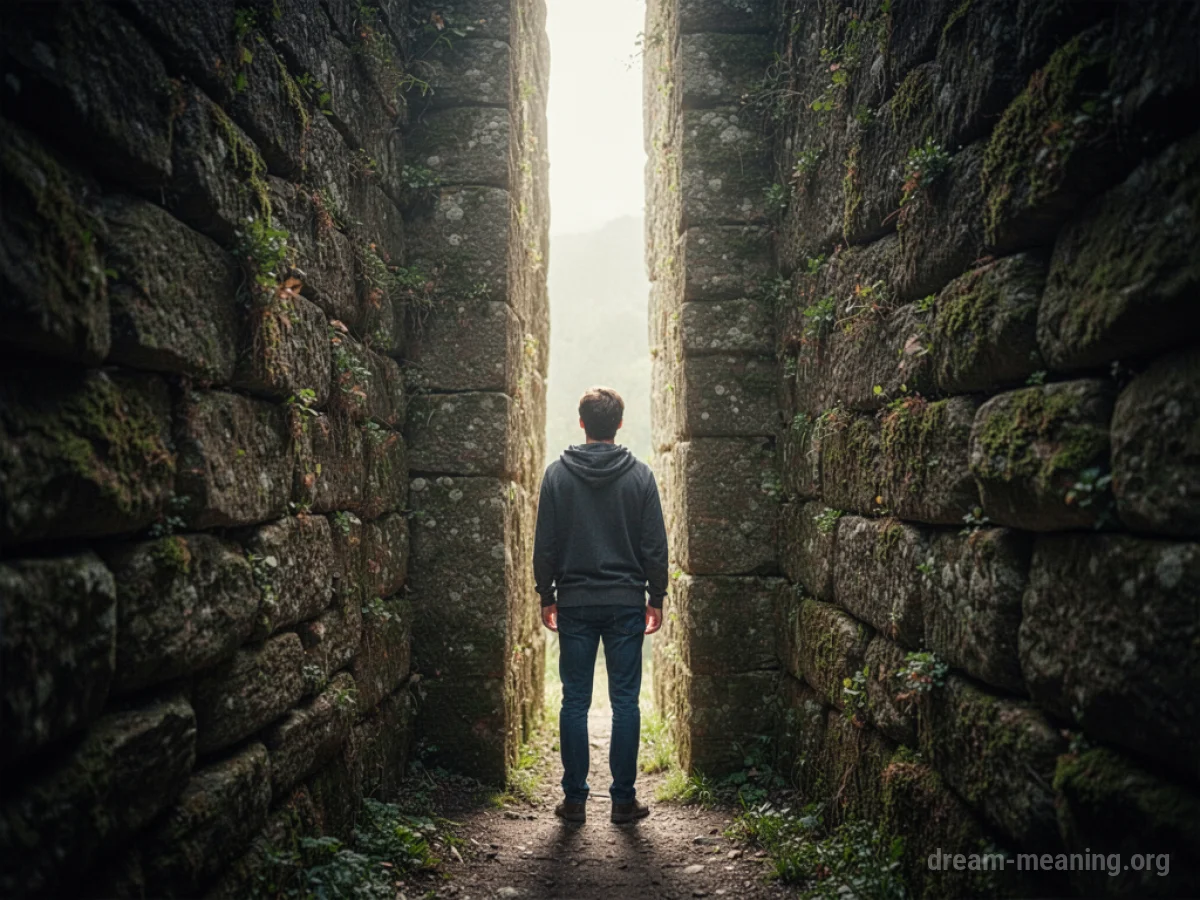 A person facing a tight passage in a wall.