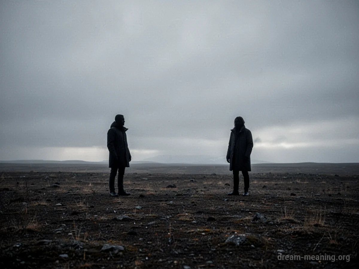 Two distant silhouettes against a desolate background.