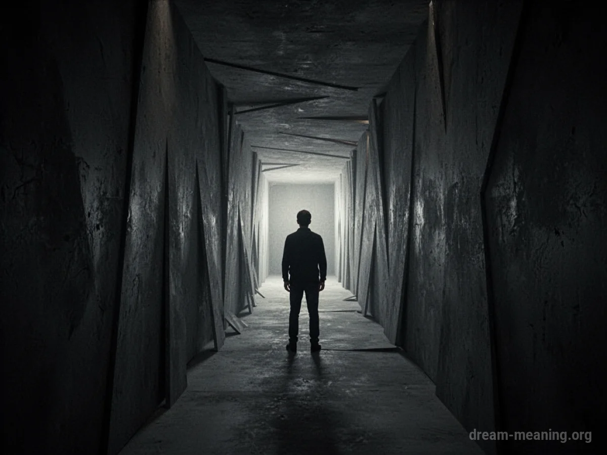 Silhouette of a person at the end of a narrow, dark corridor.
