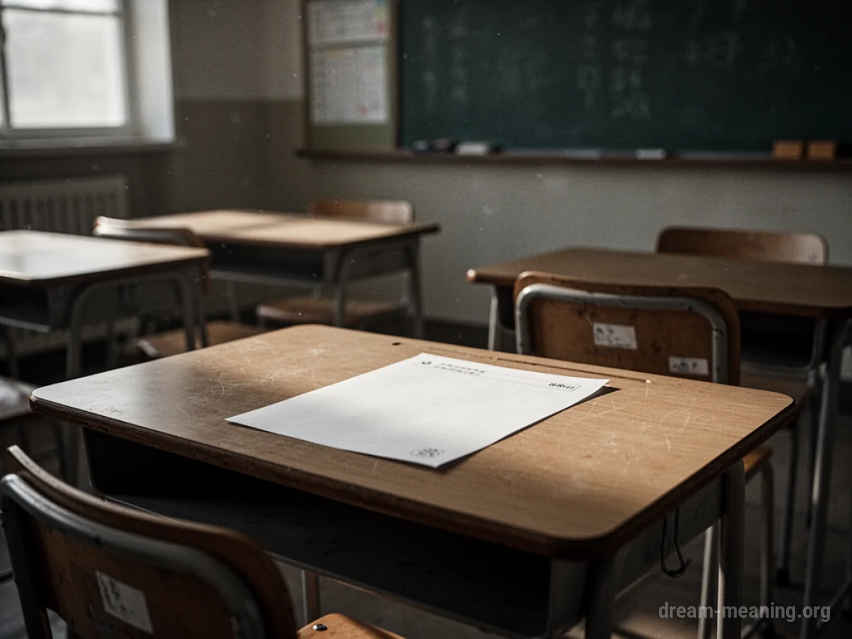 An empty desk with a blank test paper in a classroom.