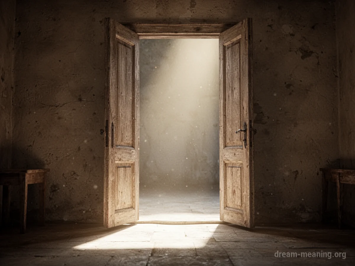 An illuminated open doorway with light spilling out.