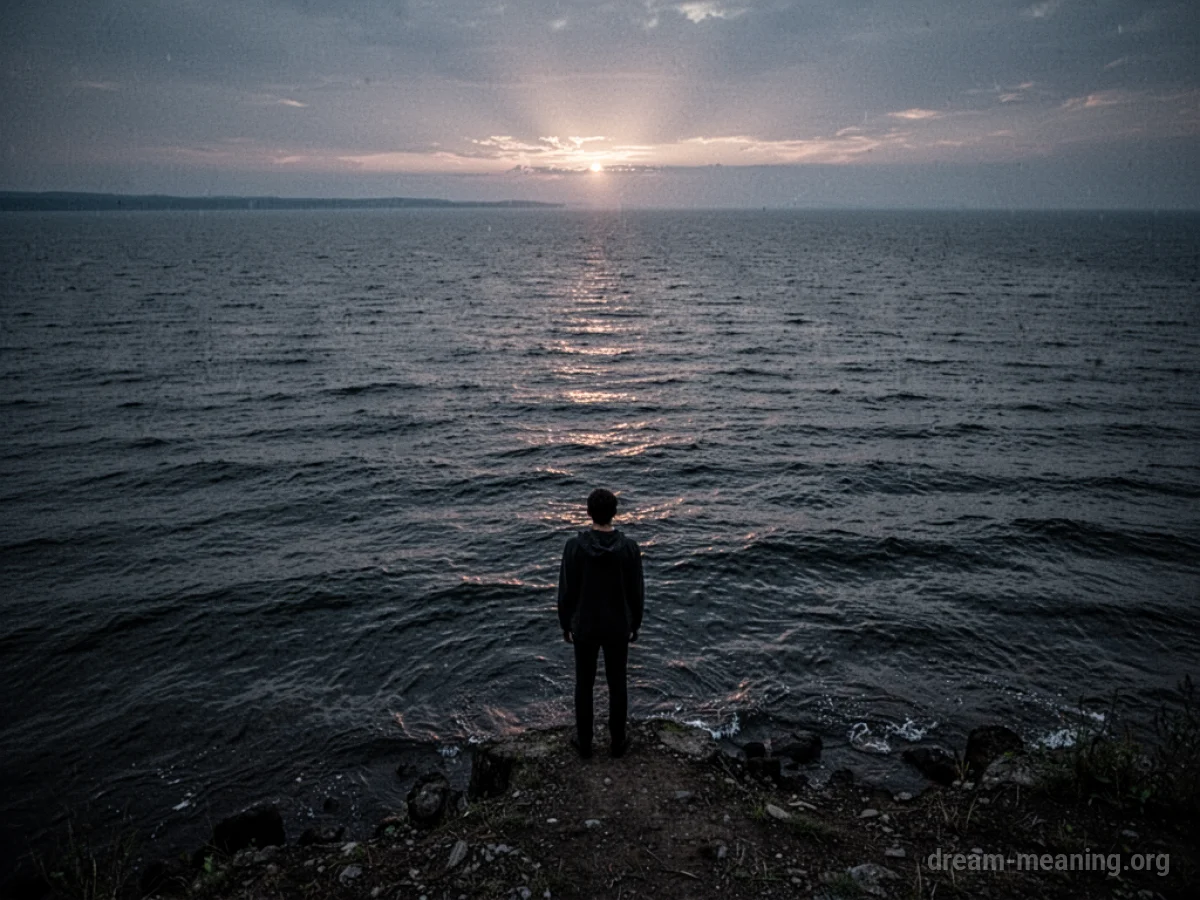 A lone silhouette facing a dark, expansive body of water.