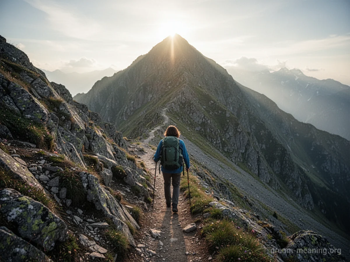 Silhouette of a person ascending a rocky mountain path.