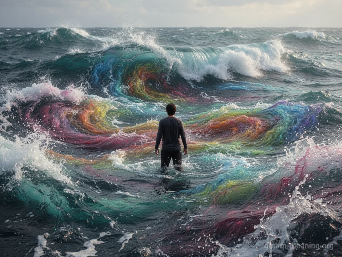 A person being buffeted by large waves in a stormy sea.