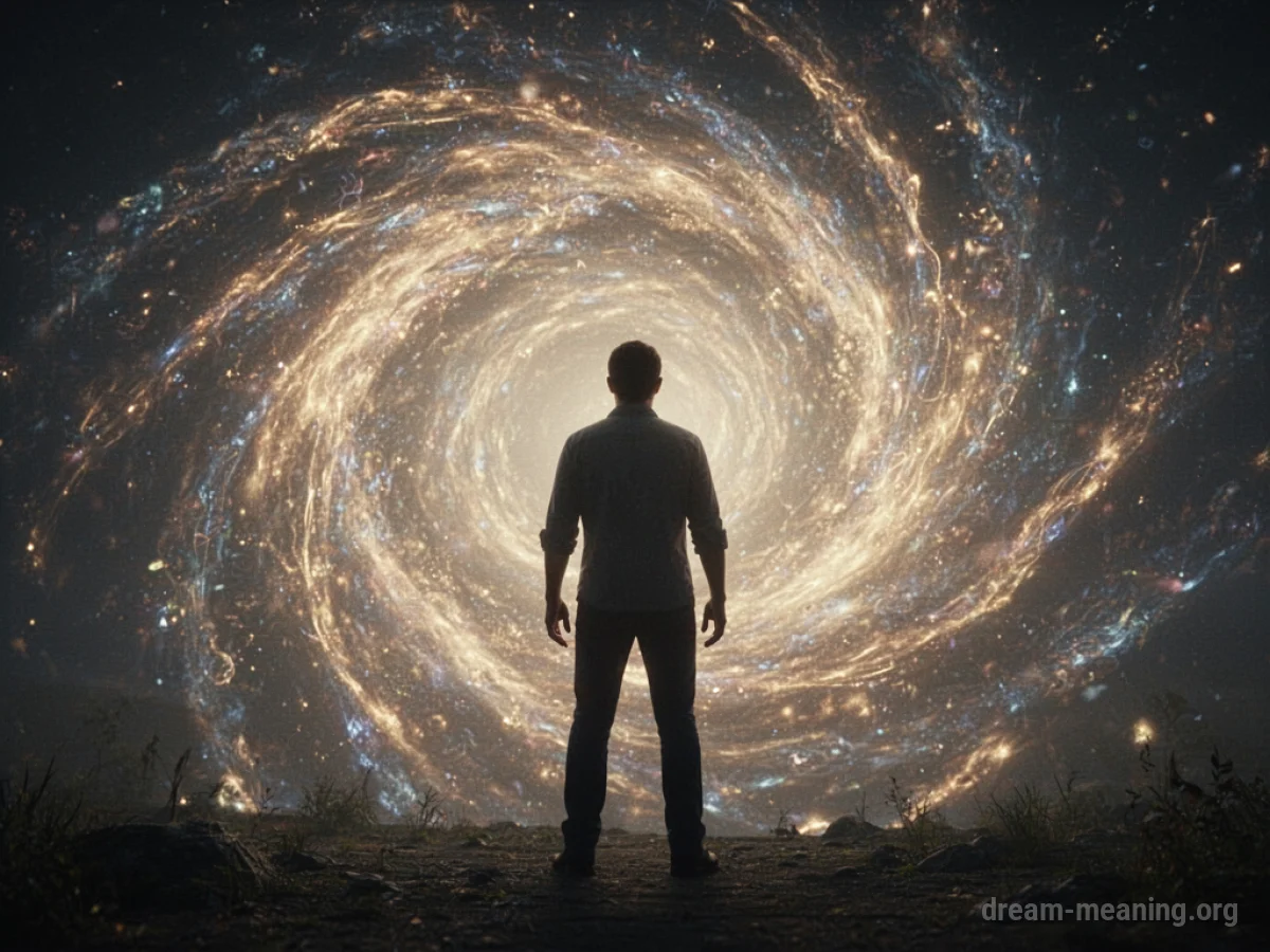 Silhouette of a person facing a bright, swirling vortex.