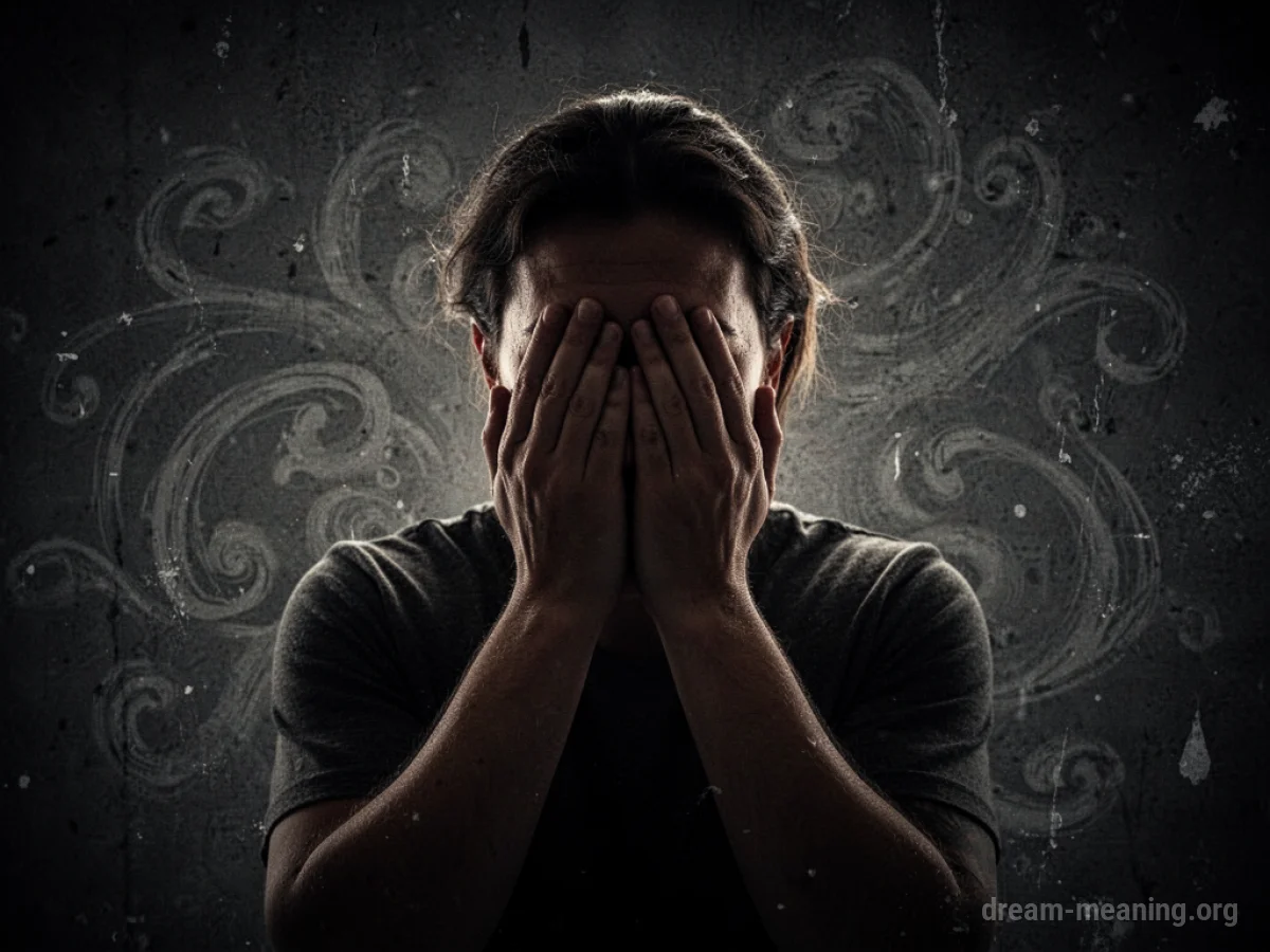 Silhouette of a person covering their face in a dark, abstract space.