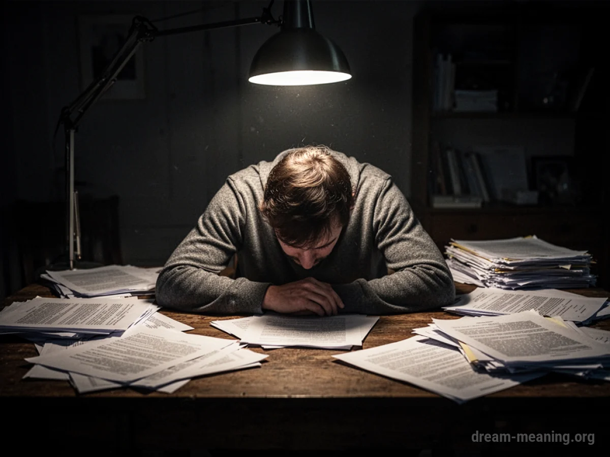 A person sitting at a desk with scattered papers under a single light.