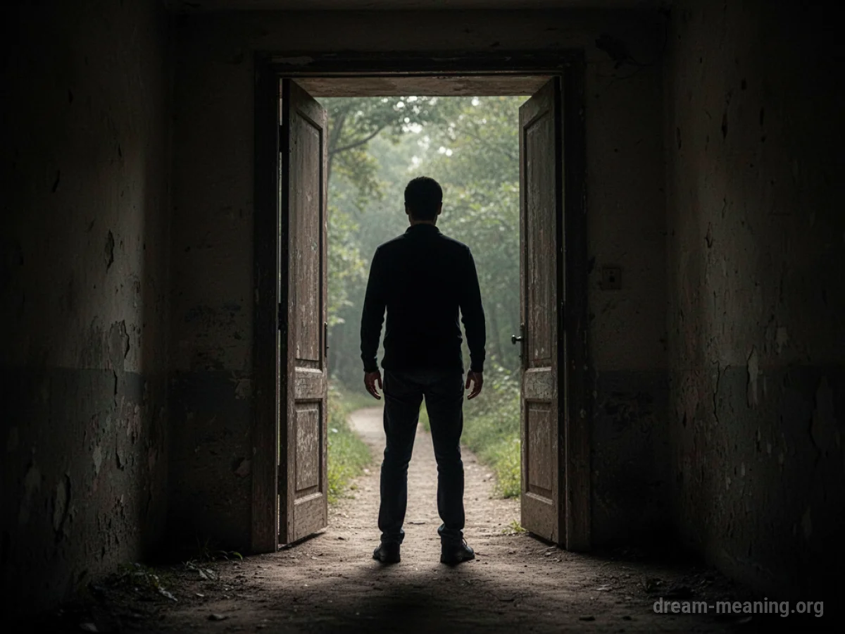 Silhouette of a person standing in a doorway, blocking the path.