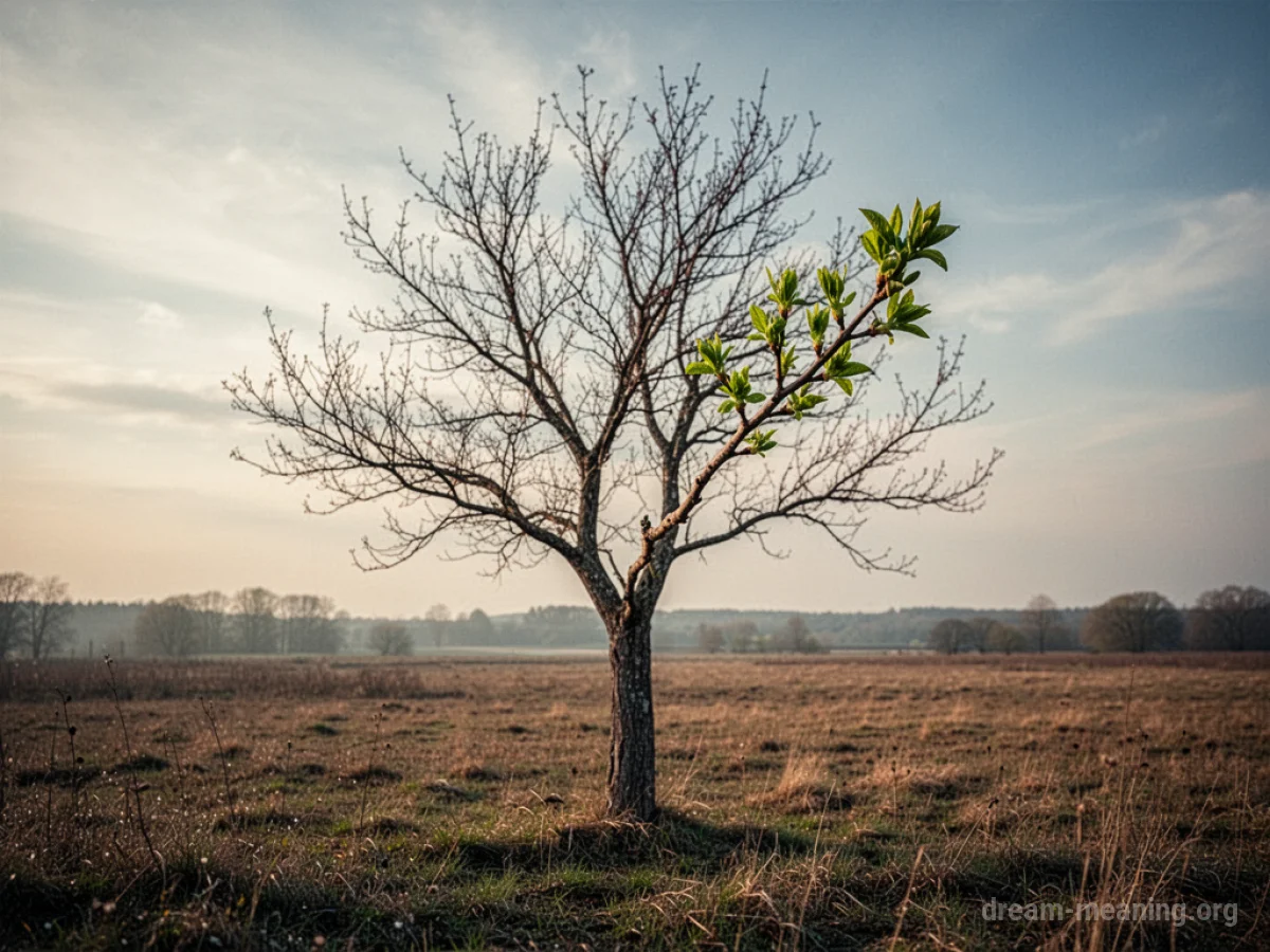 A solitary tree with a single new green sprout on one branch.
