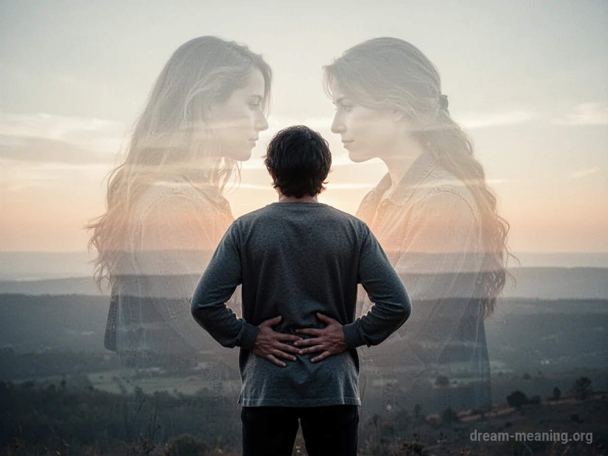 A woman stands alone, looking towards a distant horizon with her hands on her stomach. Faint, ghostly images of a past relationship are visible behind her.