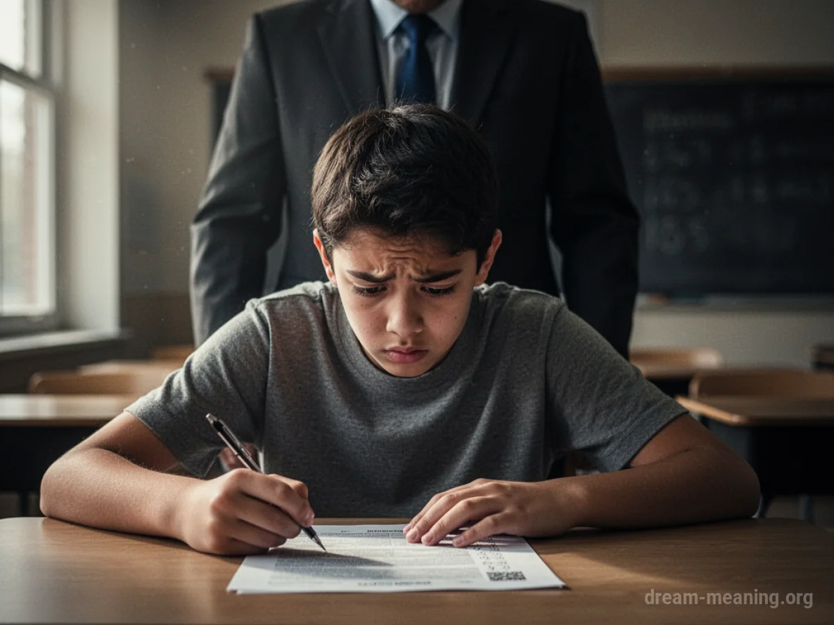 Student looking down at an exam with a proctor figure behind them.