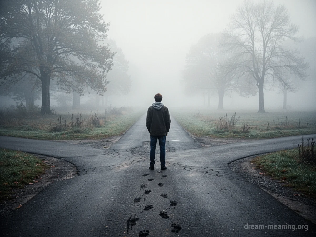 A person stands at a fork in the road, looking back at a faint path receding into fog.