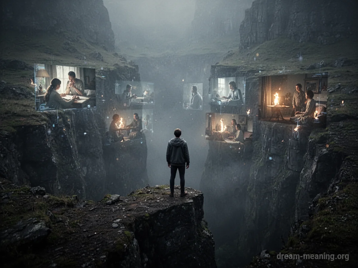 A silhouette of a person looking into a misty abyss with faint images appearing within the mist.