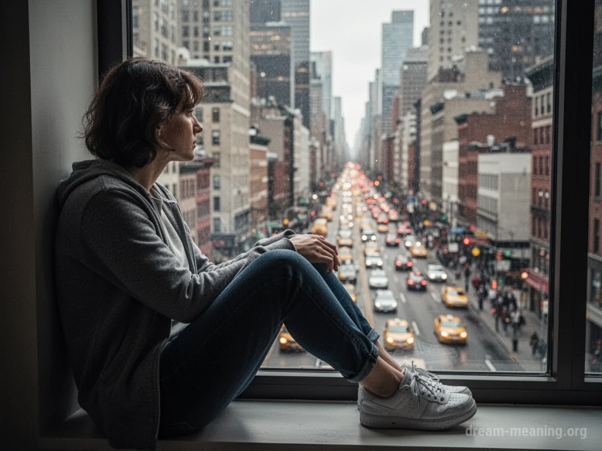 A person's legs jiggling while they sit by a window overlooking a city.
