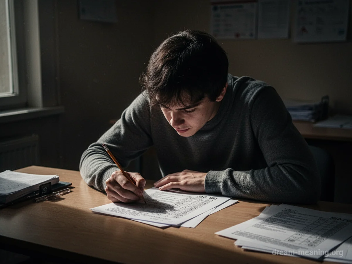 A person sits at a desk in a dark room, looking at an exam paper.