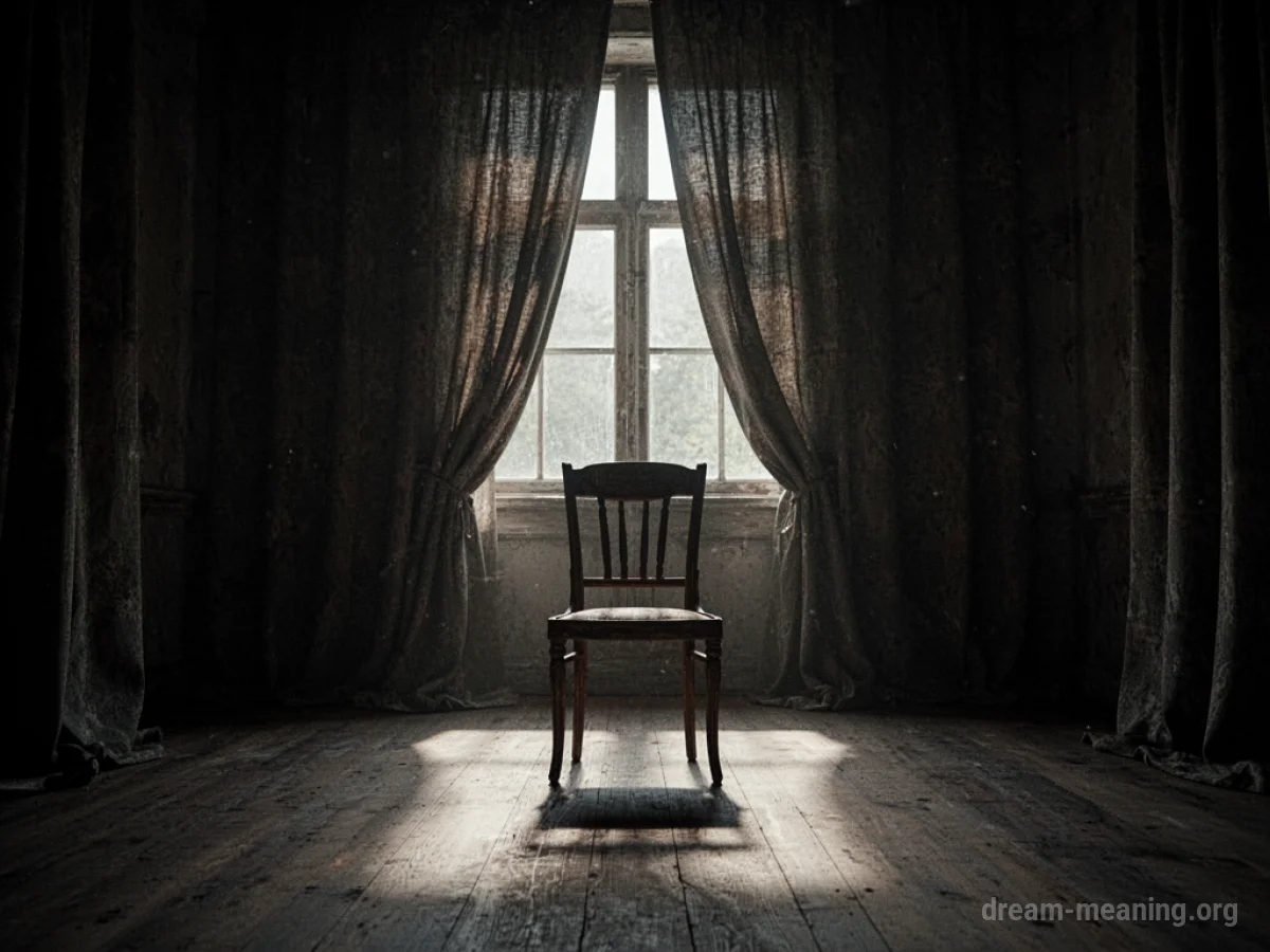 A dark, empty room with heavy curtains and shadows.