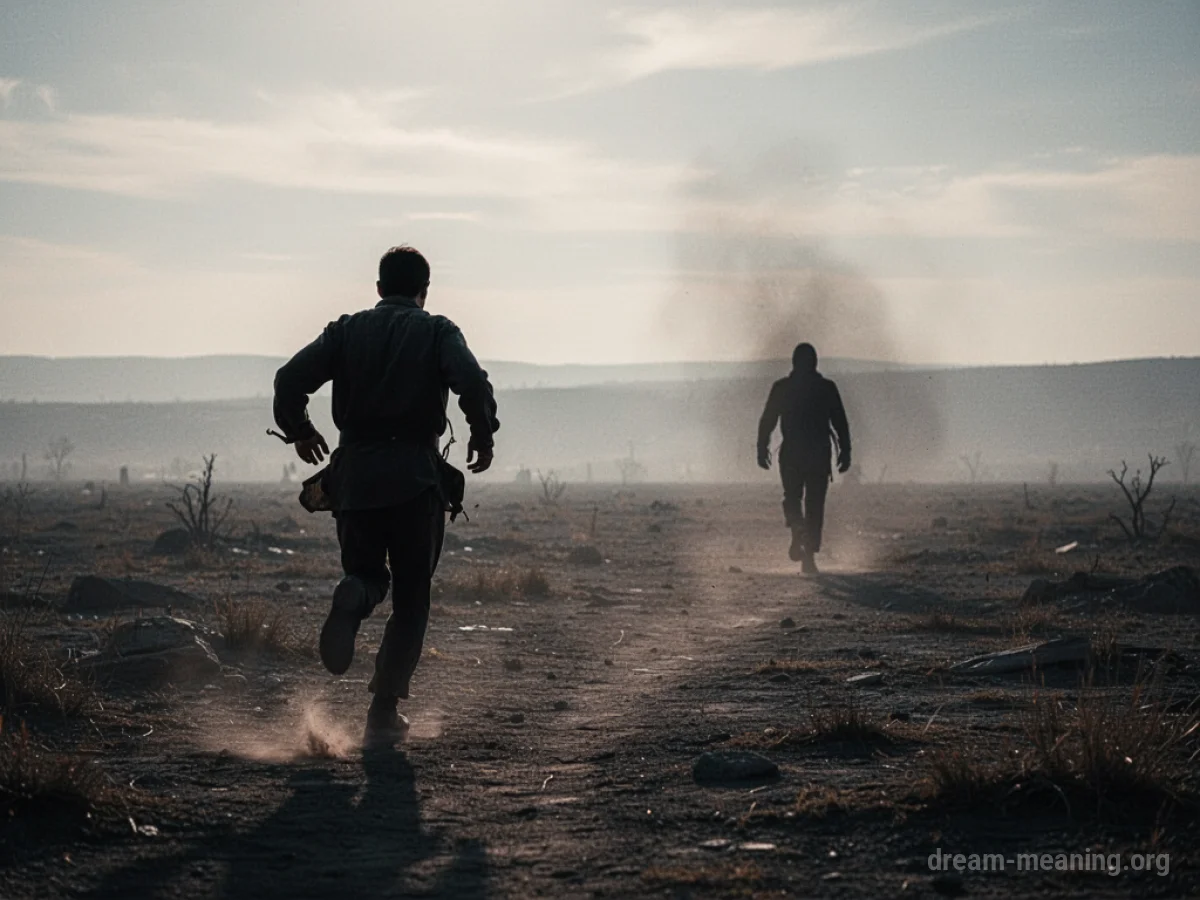 Silhouette of a person running away from another figure in a vast, empty space.