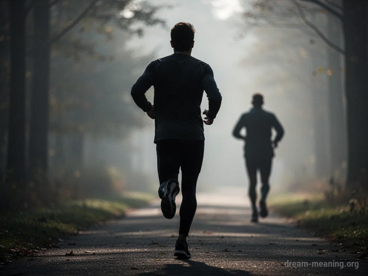 Silhouette of a person running away from another figure in a hazy landscape.
