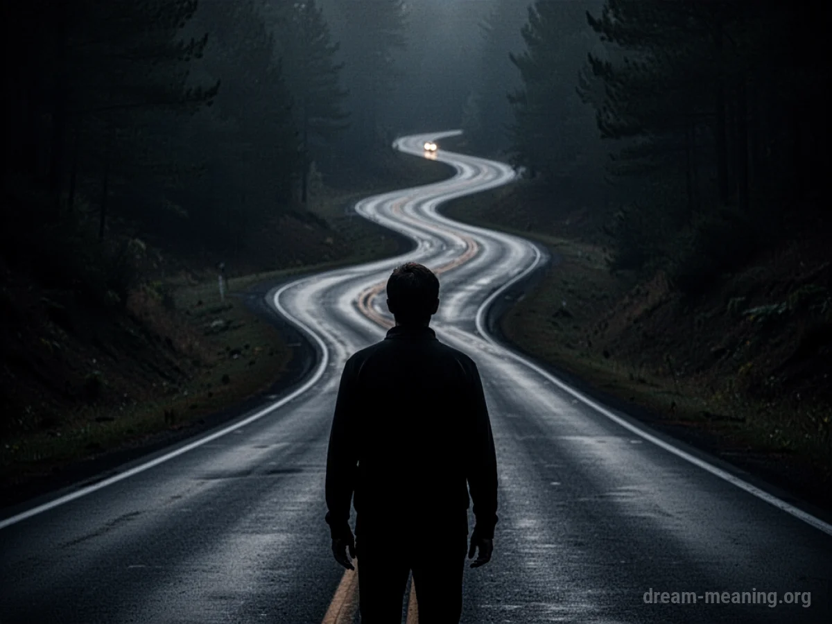 Silhouette of a person on a dark road looking towards a distant light.