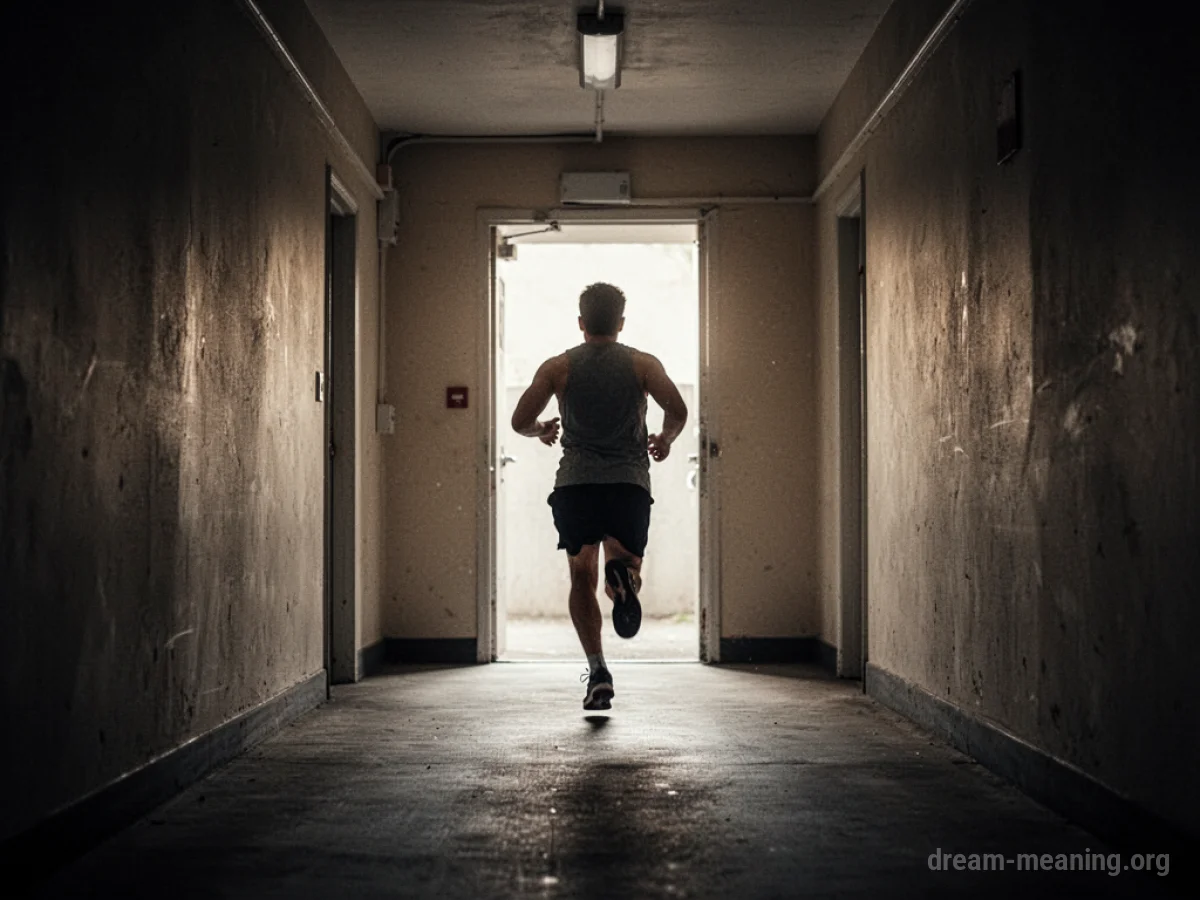 A person running down a dark hallway towards a glowing exit sign.