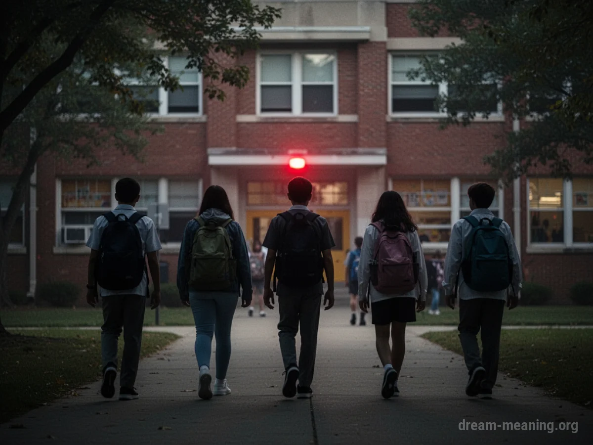 Silhouettes of people exiting a school building.