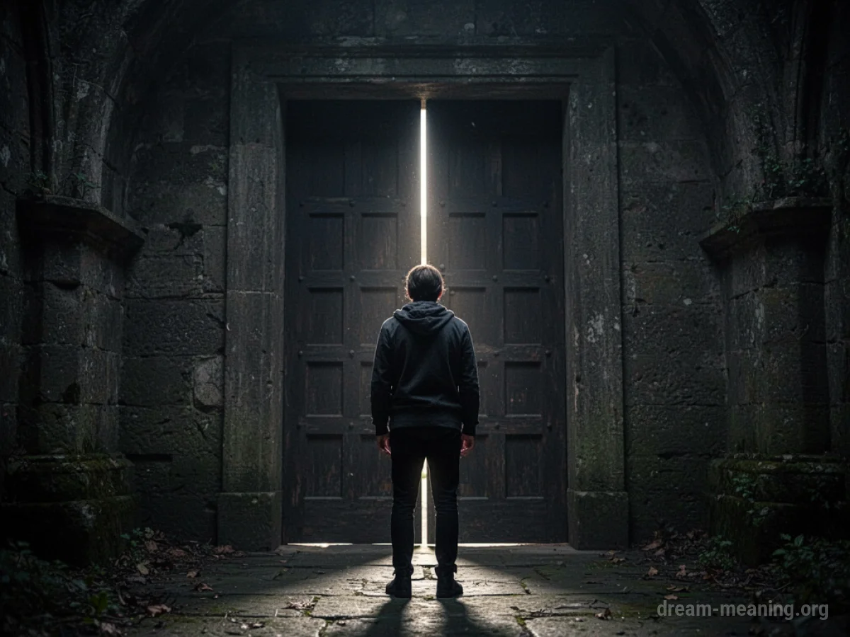 A silhouetted figure facing a large, dark doorway.