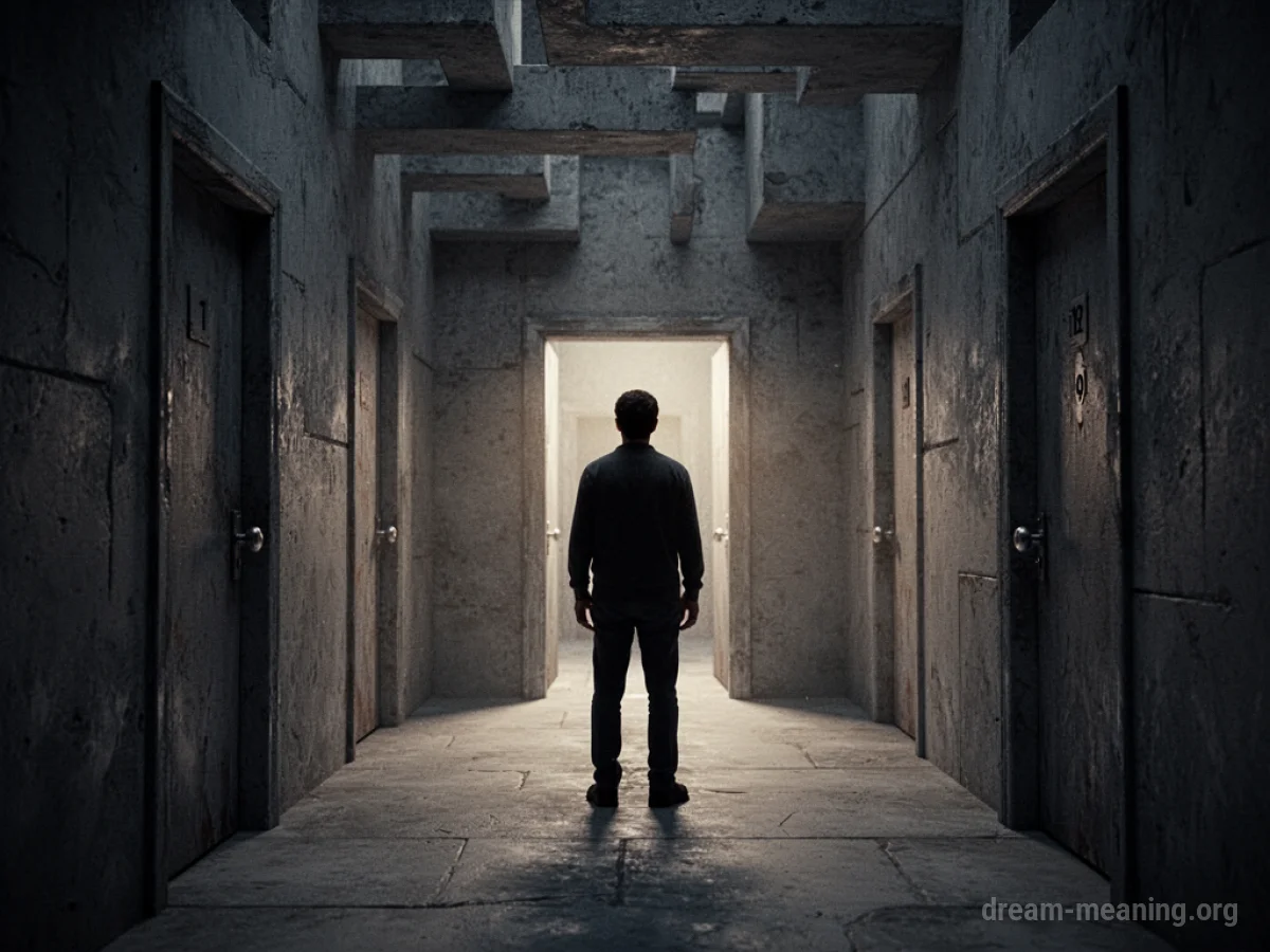 Silhouette of a person in a dark corridor facing several doors.
