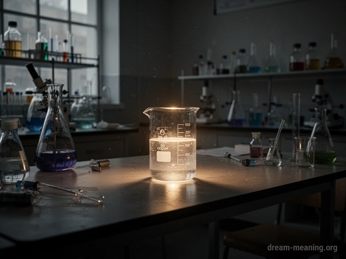 A single glowing beaker in a dark laboratory setting.
