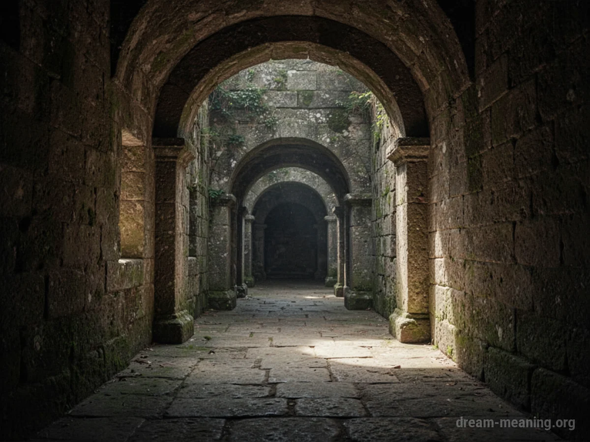 A dark, narrow stone passageway leading towards a faint light.