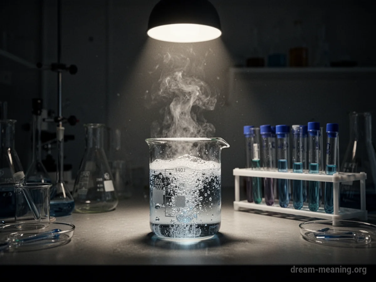 A laboratory beaker bubbling with liquid under a spotlight.