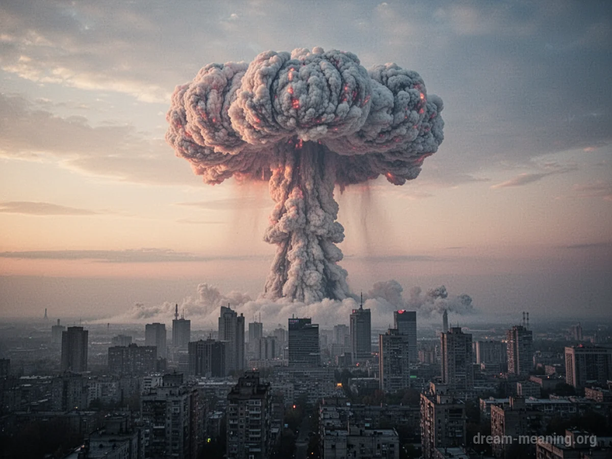 A large mushroom cloud rising into the sky above a cityscape.