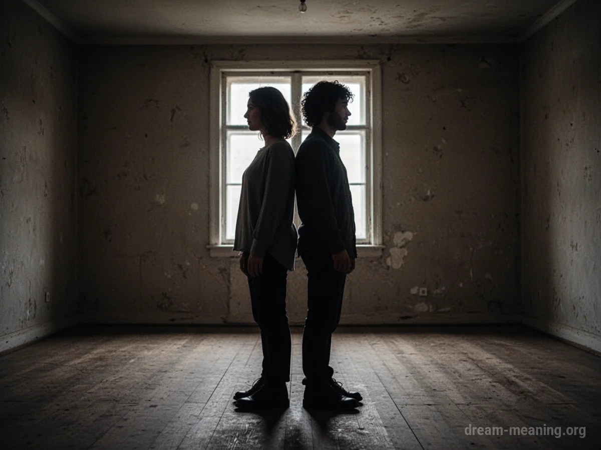Silhouettes of two people facing away from each other in a dark room.