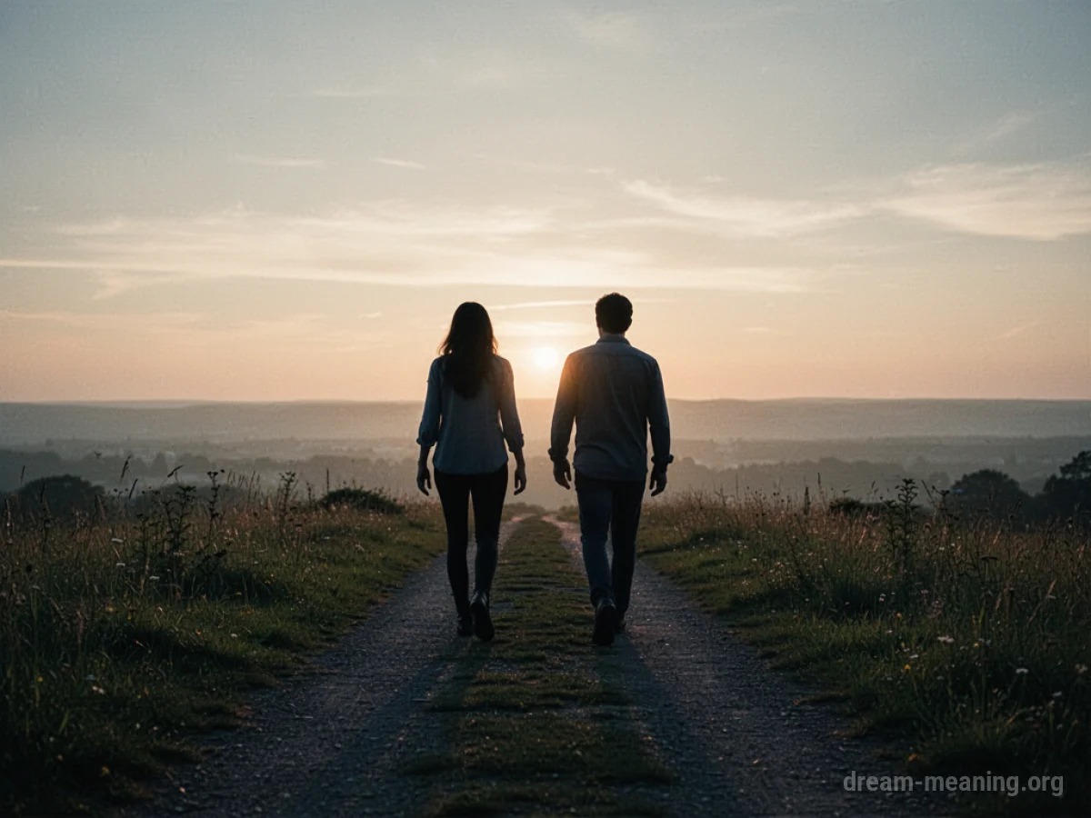 Two silhouetted figures walking along a path towards a bright horizon.