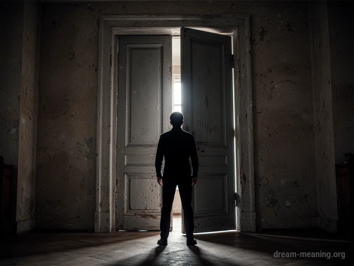 Silhouette of a person standing in front of an open doorway.