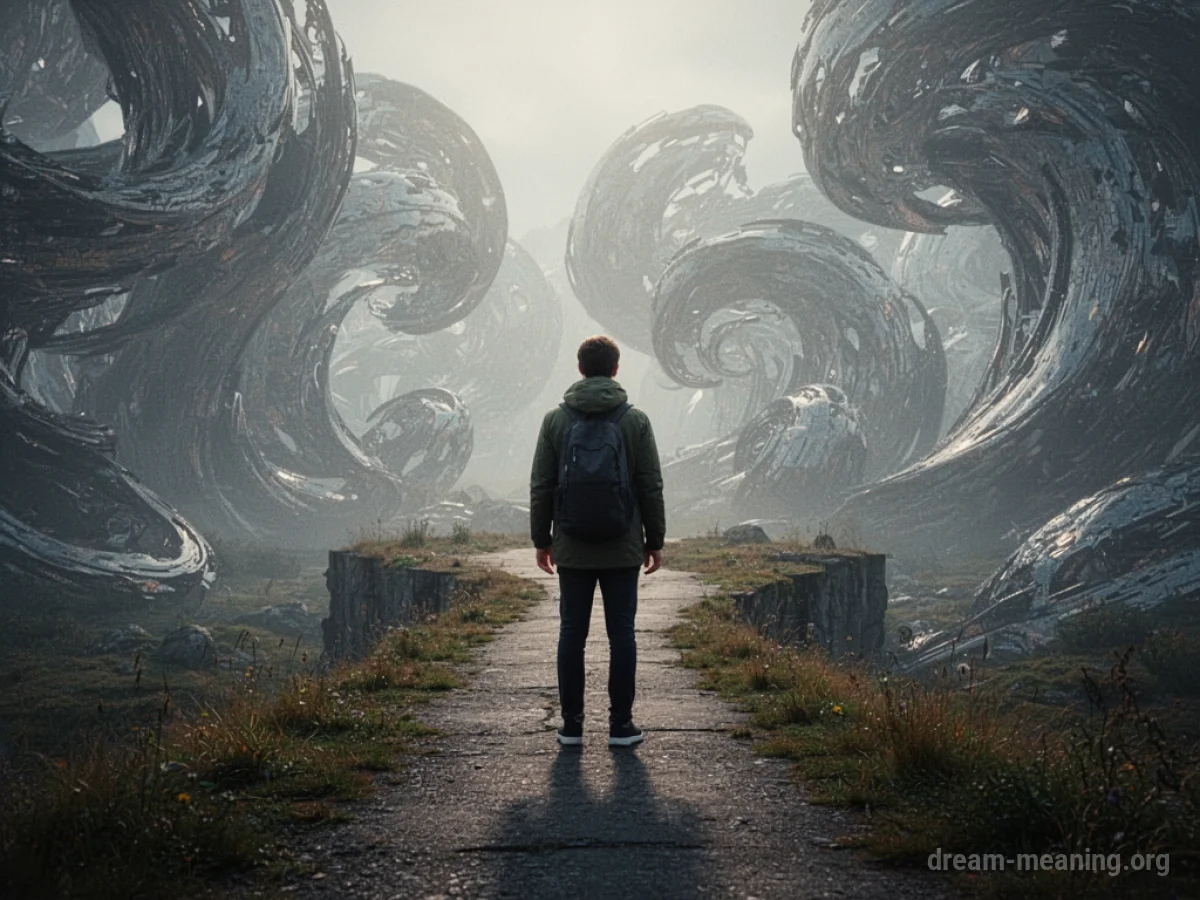 A solitary figure at a crossroads where the path ahead transforms into an abstract, unknown terrain.