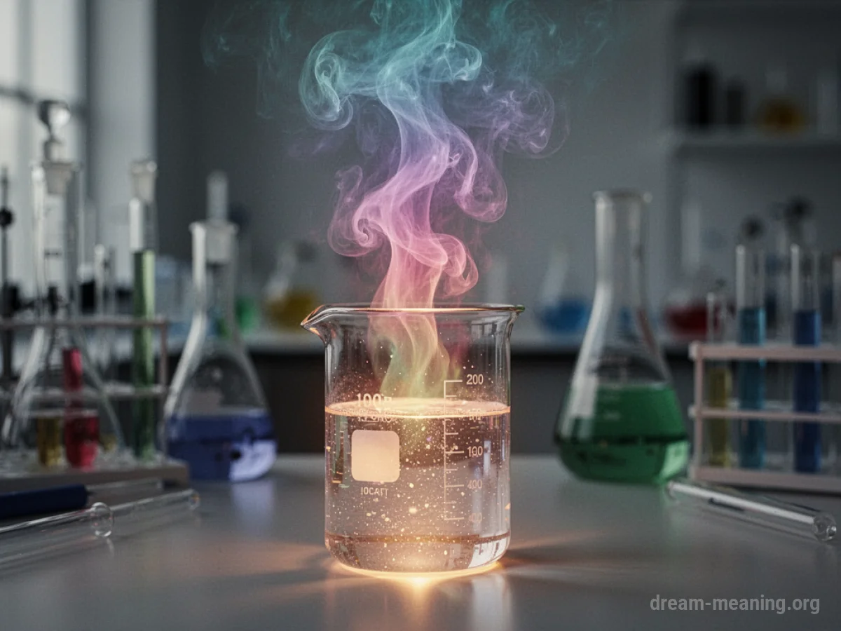 A beaker emitting colored smoke in a laboratory setting.