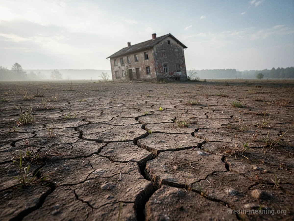 Cracked ground with a building tilted in the distance.