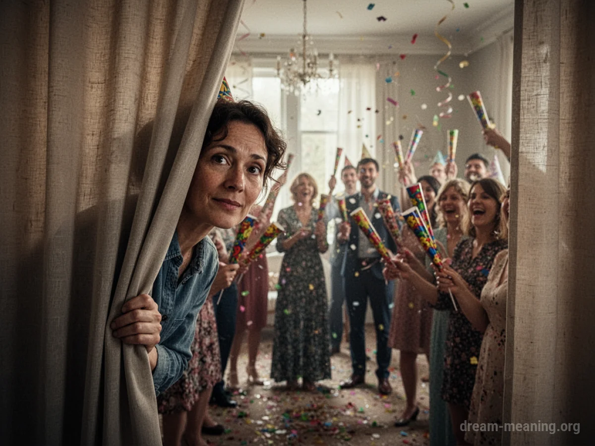 A person cautiously observes a gathering from behind a draped curtain.