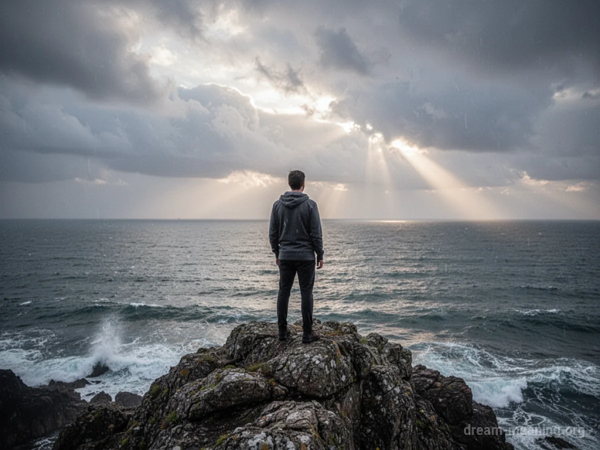 A person silhouetted against a sunrise, standing on a cliff overlooking a serene ocean.