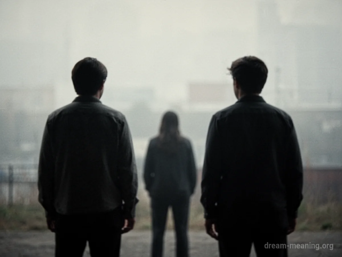 Two figures, one facing away, in a neutral outdoor setting.