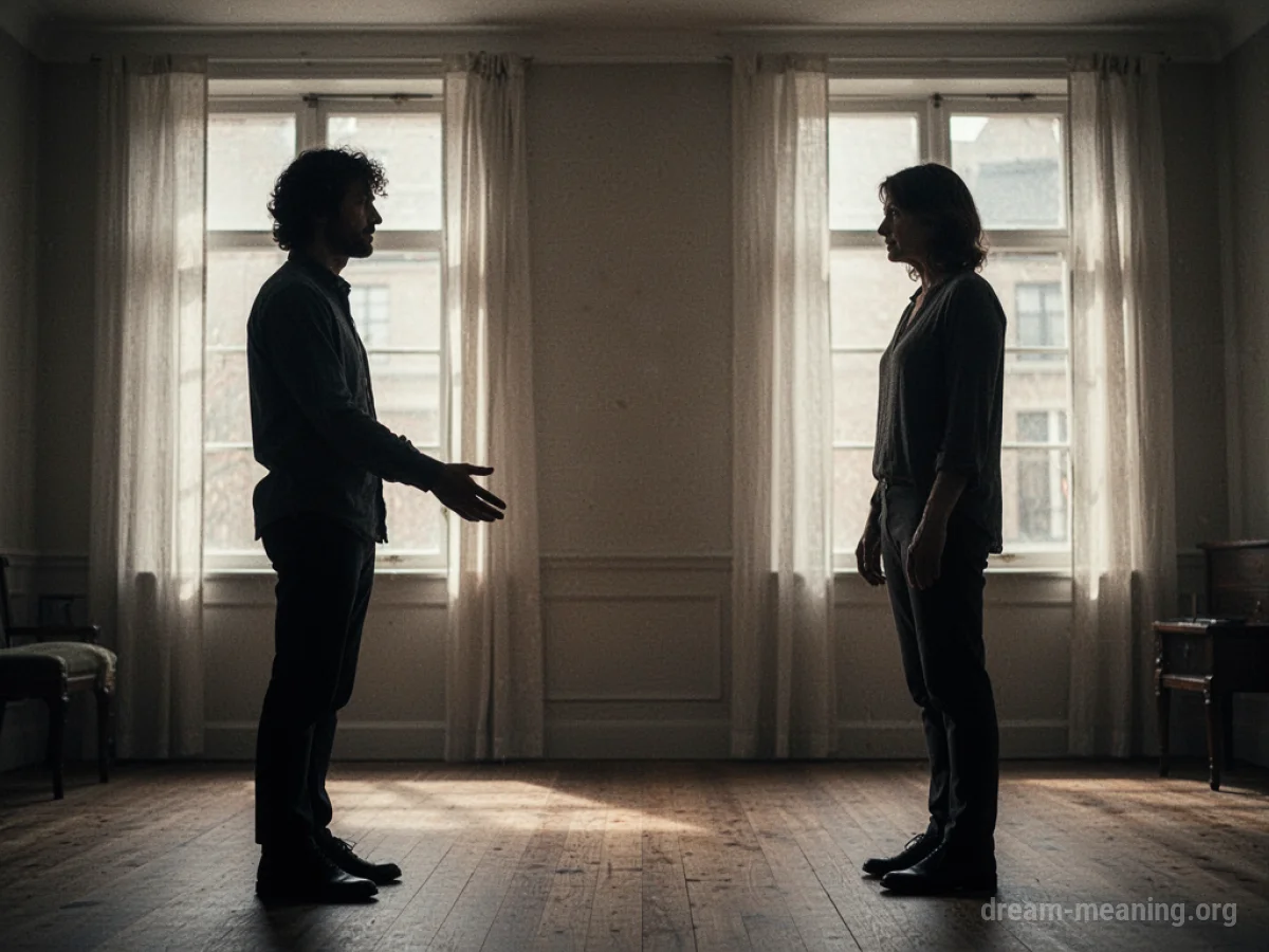 Two silhouetted figures facing each other in a dimly lit room.