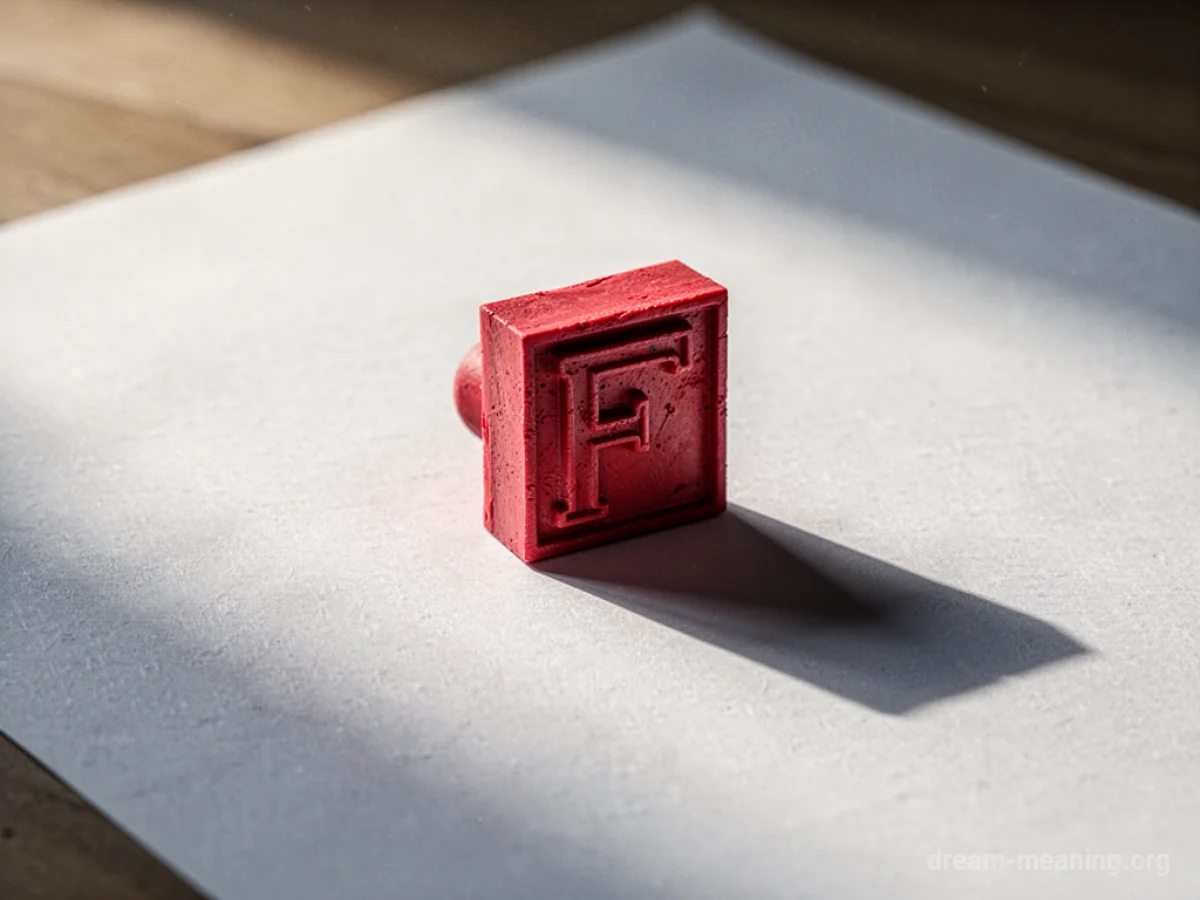 A red 'F' grade stamp on paper.