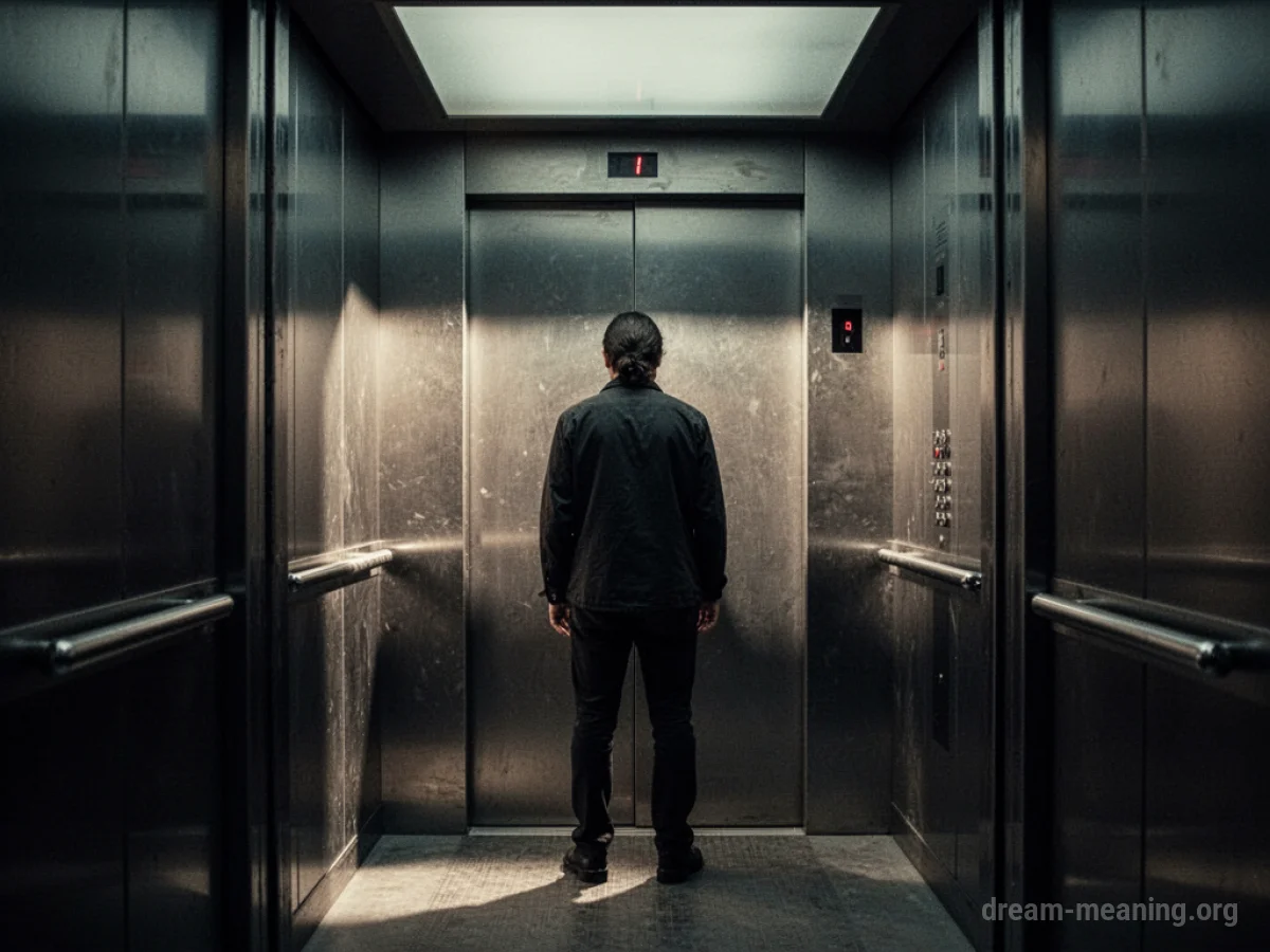 A person inside a closed elevator with no illuminated floor indicator.