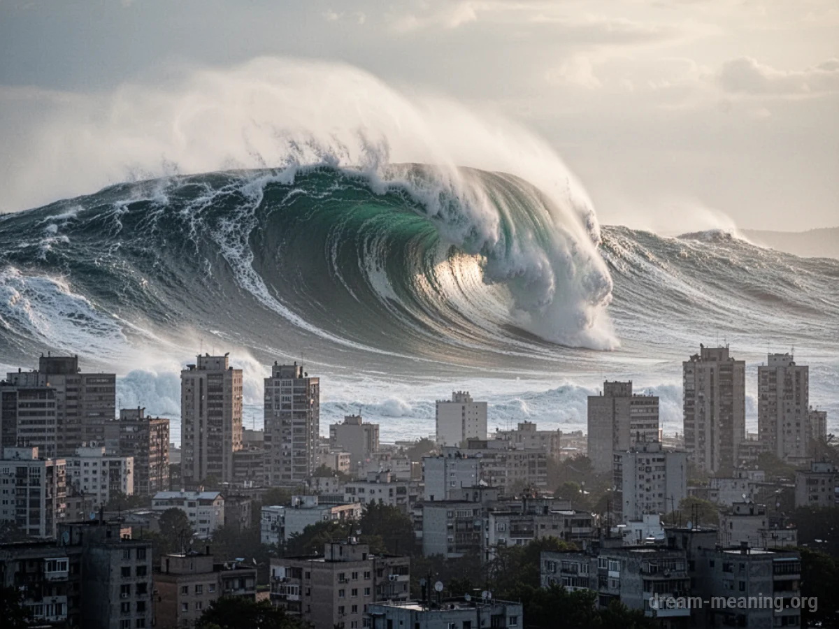 A massive wave approaching a city skyline.