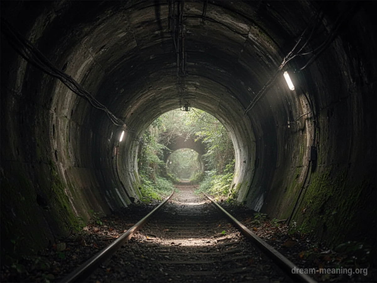 The opening of a dark tunnel with a distant light.