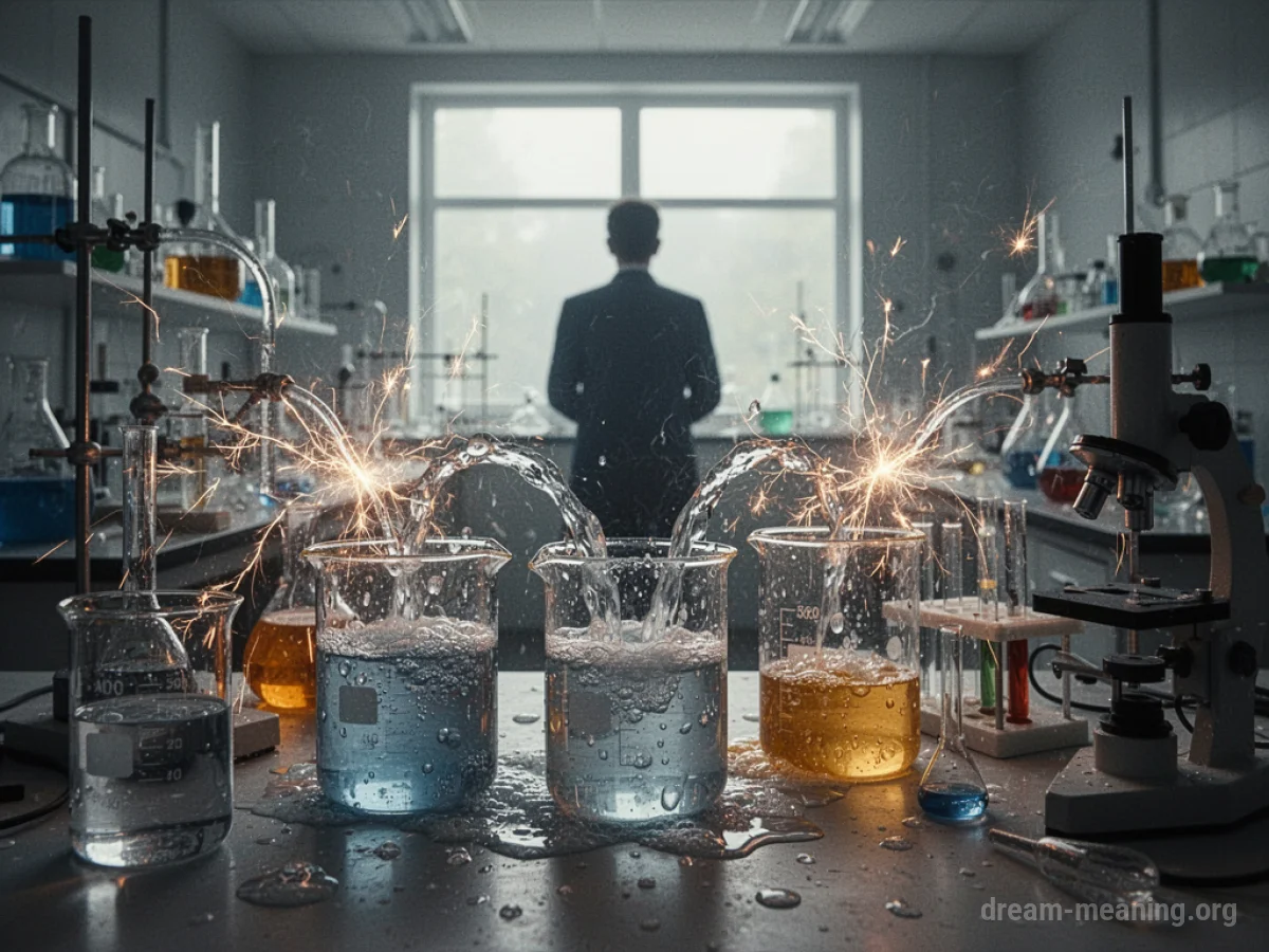 A chaotic laboratory scene with overflowing beakers and sparking equipment.