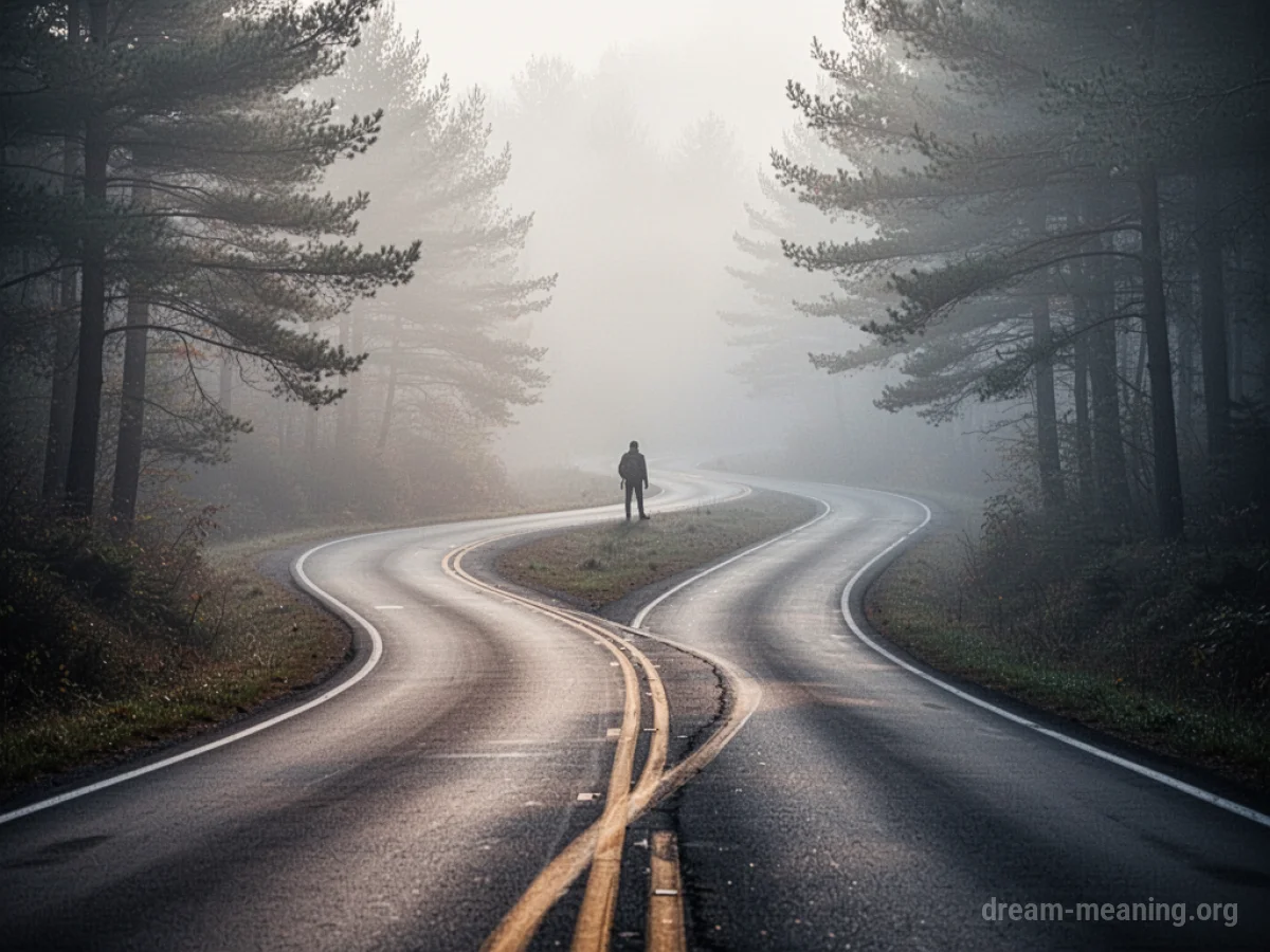 A road splits into two paths, one clear and one misty, with a person standing at the crossroads.